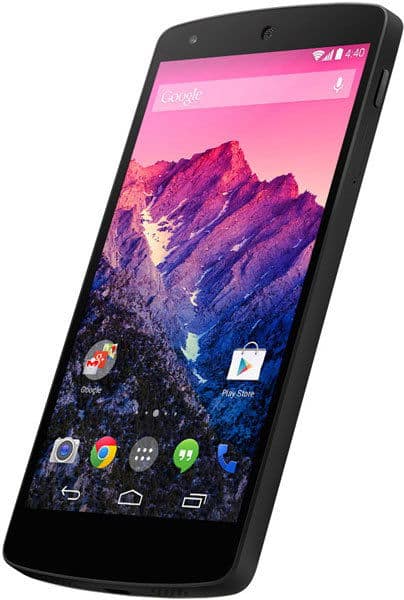 Nexus 5 front view, black smartphone displaying colorful mountain wallpaper and home screen with app icons