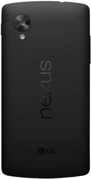 Nexus 5 rear view, black phone with circular camera lens, speaker, and nexus branding visible