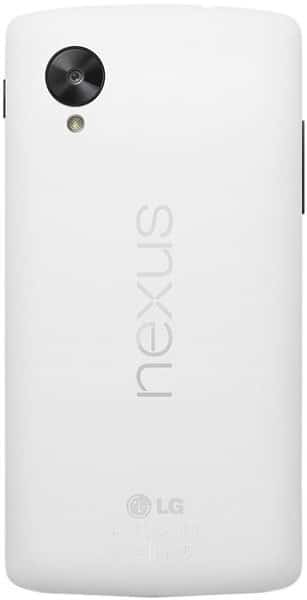 Nexus 5 rear view, white back with camera and LED flash, LG branding visible