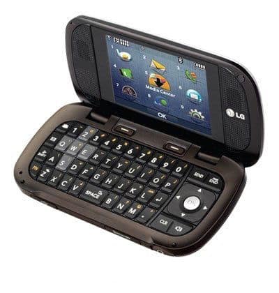 LG Octane phone with slide-out QWERTY keyboard, open position showing screen and keys
