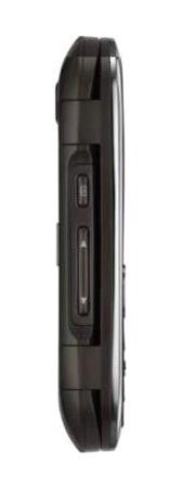 LG Octane side view, showing the flip phone closed with dark gray exterior and control buttons visible