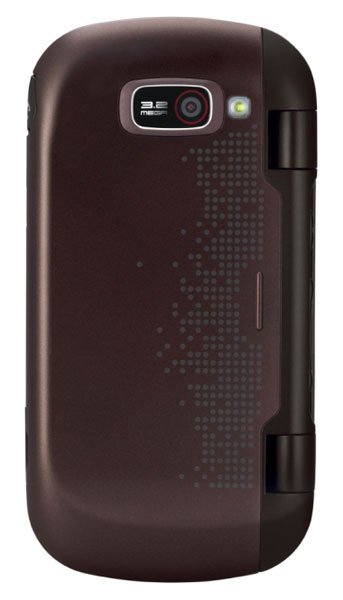 LG Octane phone, rear view, dark burgundy clamshell design with dotted pattern and camera lens