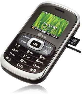 LG Octane front view, silver and black mobile phone with small screen displaying grass image and numeric keypad