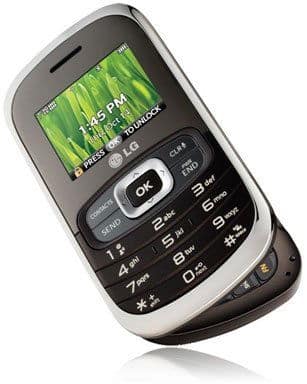 LG Octane front view, black and silver flip phone with green display screen and numeric keypad
