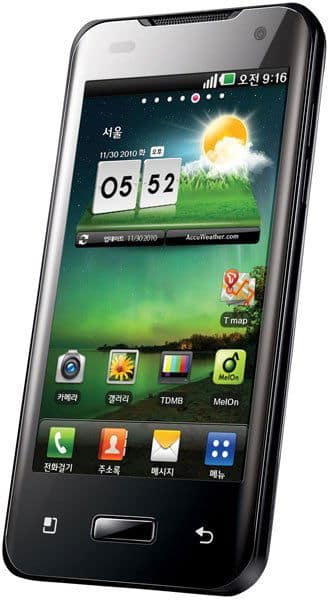 Front view of black LG Optimus 2X showing homescreen with app icons, Korean text, clock (05:52), date 11/30/2010, and weather widget.