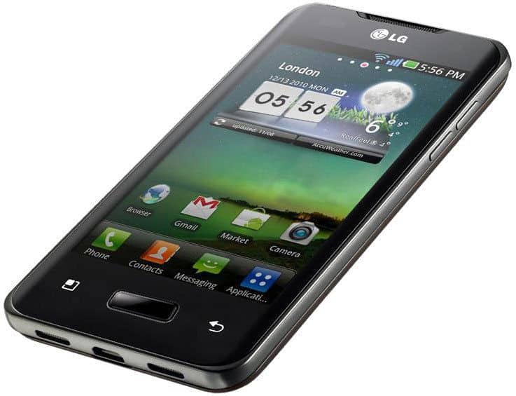 Front view of LG Optimus 2X showing home screen with apps, clock, and weather widget. Time is 5:56 PM, Dec 13, 2010.