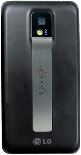 Rear view of black LG Optimus 2X with 8 MP camera and flash, vertical "Google" strip, and LG logo at the bottom.