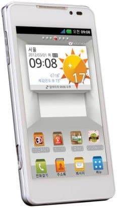 Front view of white LG Optimus 3D MAX showing weather widget, app icons, 09:08 time, and March 1, 2012 date on screen.