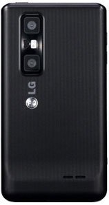 Rear view of LG Optimus 3D MAX showing dual rear cameras, LG logo below them, and speaker grille near the bottom.