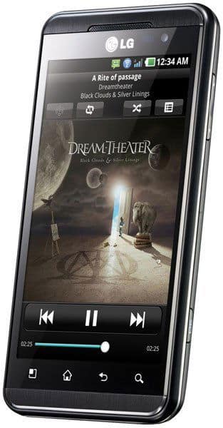 LG Optimus 3D front view displaying music player with Dream Theater album artwork on screen