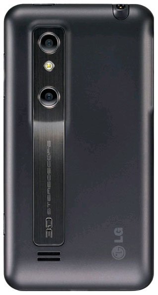 LG Optimus 3D rear view showing dual camera lenses and speaker grille on black body