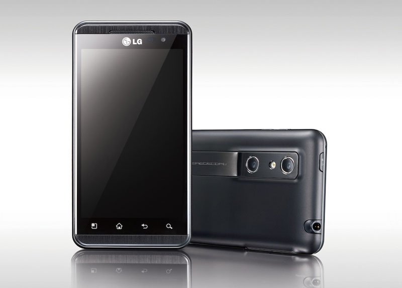 LG Optimus 3D smartphone shown from front and rear angles, displaying black screen and dual rear cameras