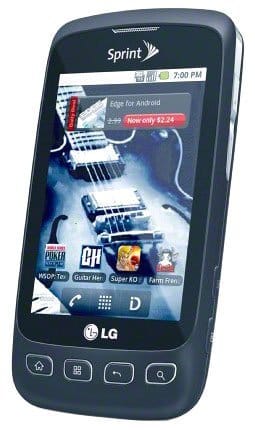 LG Optimus 3G front view with touchscreen displaying home screen and application icons, physical buttons below screen