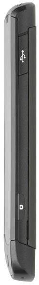 Side view close-up of a black LG Optimus 7-style flip phone, featuring a USB port and an extra button or slot on the edge.