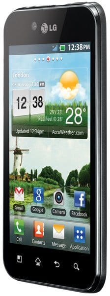 LG Optimus Black front view with screen displaying weather app, time 12:38 PM, and home screen icons