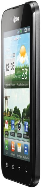 LG Optimus Black smartphone displayed at front angle, showing home screen with weather widget and app icons