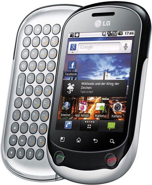 LG Optimus Chat C550 front and side view, showing touchscreen with home screen and slide-out QWERTY keyboard