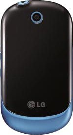 LG Optimus Chat C550 phone, front view, black and blue clamshell design with blue notification light