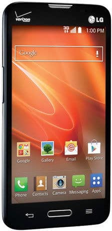 LG Optimus Exceed 2 front view with orange wallpaper, Google search bar, and home screen app icons on display
