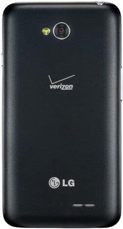 LG Optimus Exceed 2 rear view, black smartphone with camera and Verizon branding visible