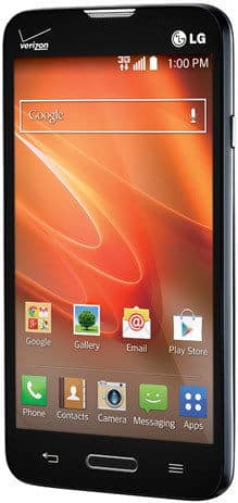 LG Optimus Exceed 2 front view, black smartphone with orange home screen displaying apps and status bar