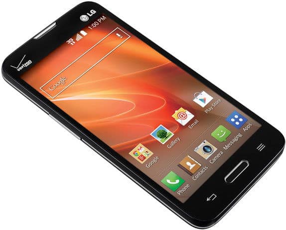 LG Optimus Exceed 2 front view, black smartphone with orange wallpaper and app icons on screen