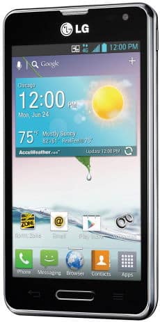 LG Optimus F3 front view displaying home screen with weather widget and app icons