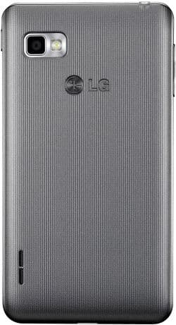 LG Optimus F3 rear view, showing textured gray back panel with camera and speaker cutouts