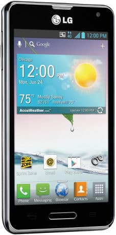 LG Optimus F3 smartphone front view with weather app displayed on screen showing sunny forecast and 75 degrees