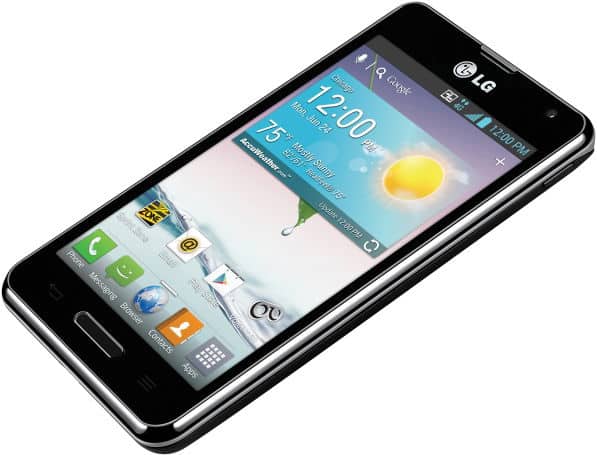 LG Optimus F3 front view, black smartphone displaying weather app with time and forecast on screen