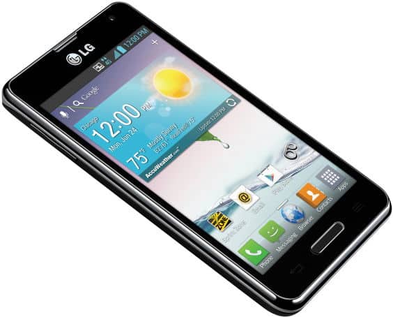 LG Optimus F3 front view with weather app displayed on screen showing sunny conditions and temperature