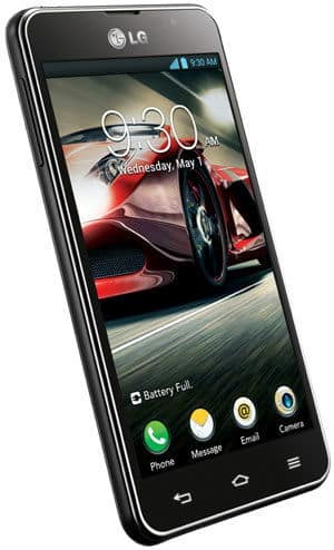 LG Optimus F5 smartphone, front view, displaying home screen with car image and app icons at bottom