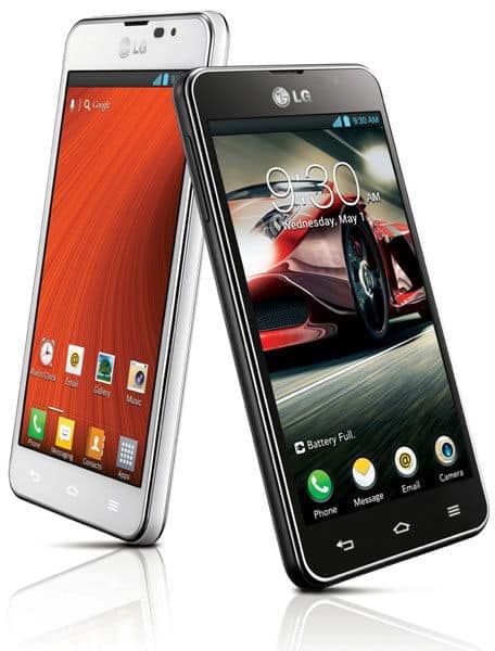 LG Optimus F5 smartphone shown from front and rear angles, displaying home screen with red background and app icons