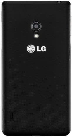 LG Optimus F5 rear view, black smartphone with camera and LG logo visible