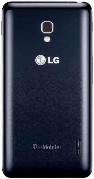 LG Optimus F6 rear view, black phone with camera, LG logo, and T-Mobile branding