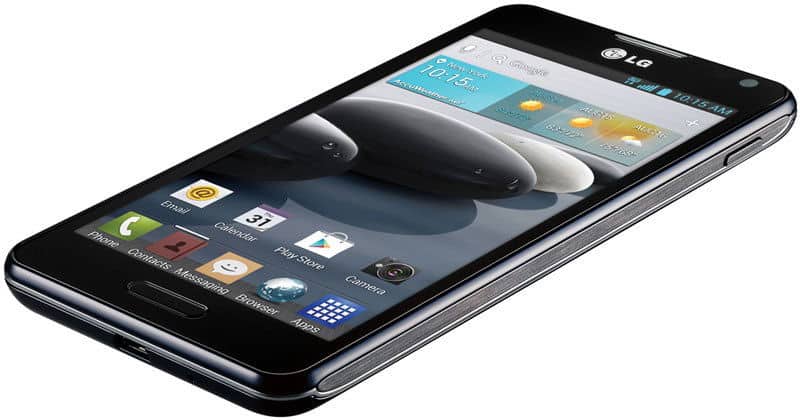LG Optimus F6 front view with home screen displaying weather widget and app icons