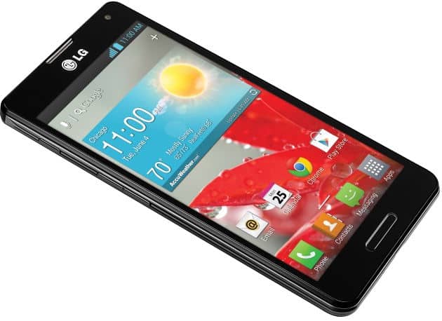 LG Optimus F7 smartphone displayed at angle, showing home screen with weather widget and app icons on black face