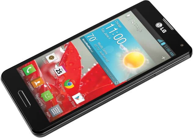 LG Optimus F7 front view, black smartphone displaying home screen with weather widget and app icons