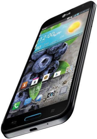 LG Optimus G Pro front view, black smartphone displaying home screen with weather widget and app icons