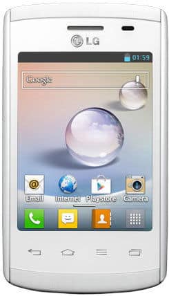 LG Optimus L1 II front view, white smartphone with touchscreen displaying home screen with apps and a large water droplet graphic