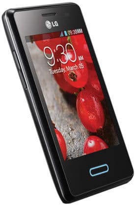 LG Optimus L3 II smartphone, front view, displaying home screen with time and red strawberry wallpaper