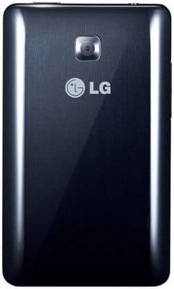 LG Optimus L3 II rear view, showing black glossy back with camera and LG logo