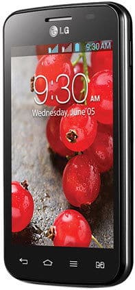 LG Optimus L4 II front view with black screen displaying time 9:30 AM and red fruit wallpaper