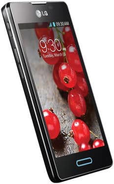 LG Optimus L5 II smartphone shown from front angle with black bezel and home button visible on screen displaying red flower wallpaper