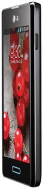 LG Optimus L5 II smartphone, front view, displaying red wallpaper on screen with black bezel and physical home button
