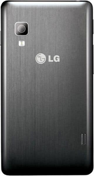LG Optimus L5 II rear view, showing brushed metal back panel with camera and LG logo