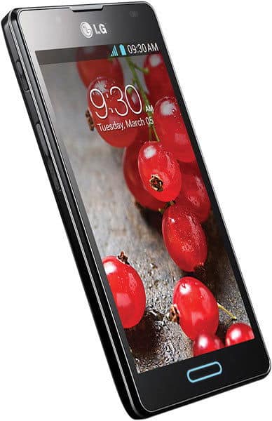 LG Optimus L7 II front view with screen displaying time 9:30 AM and red berries wallpaper