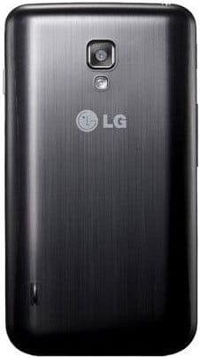 LG Optimus L7 II rear view, showing black brushed metal back panel with camera and LG logo