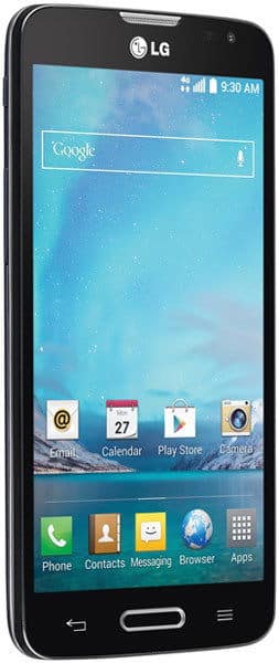 LG Optimus L90 smartphone front view with blue sky home screen displaying app icons and time 9:30 AM