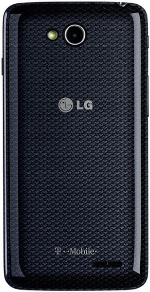 LG Optimus L90 rear view, black smartphone with textured back and camera lens, T-Mobile branding visible